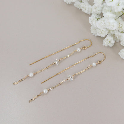 Herkimer diamond and tiny pearl chain earrings in 14k gold fill