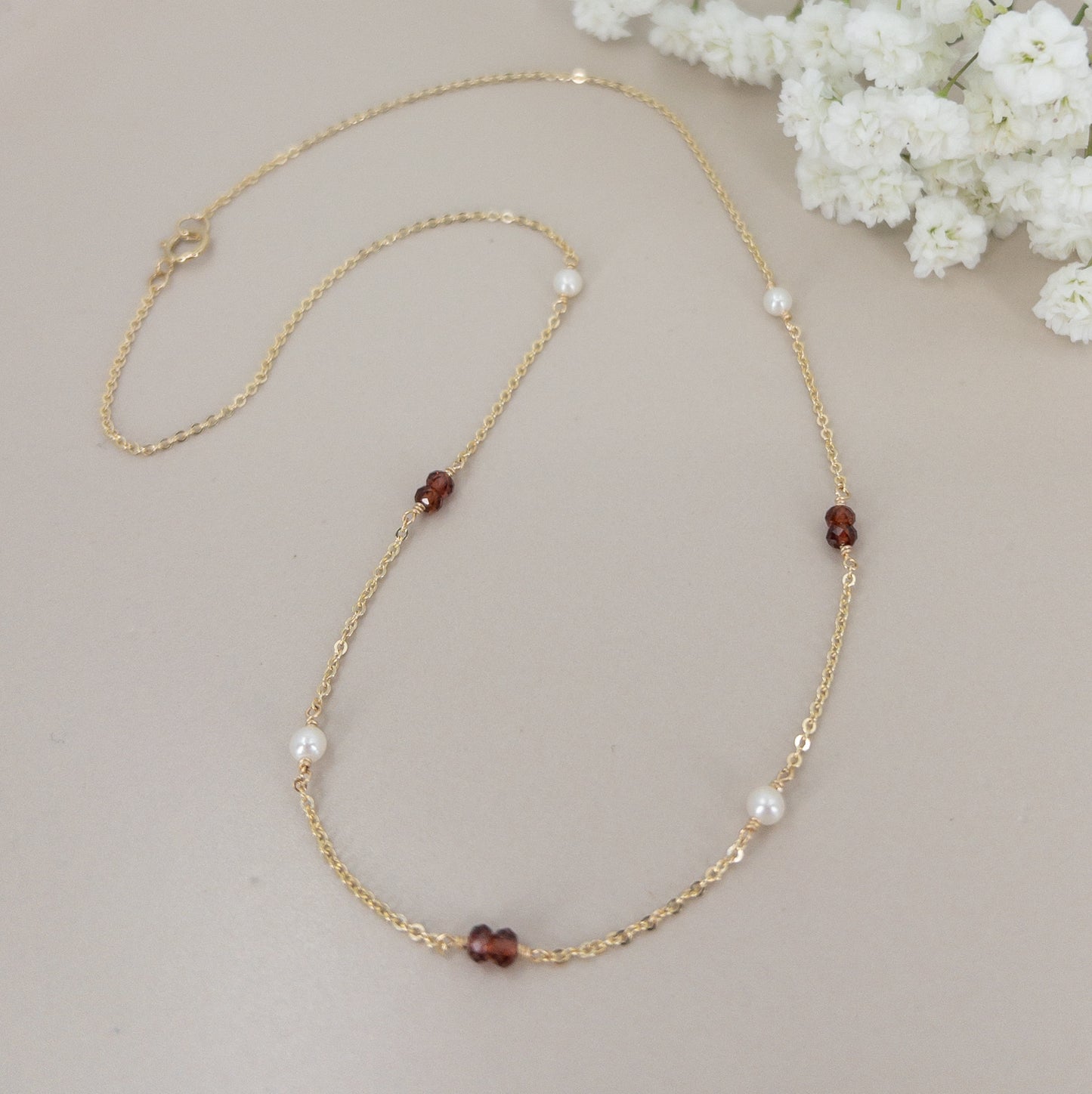 Garnet and Pearl Station Necklace