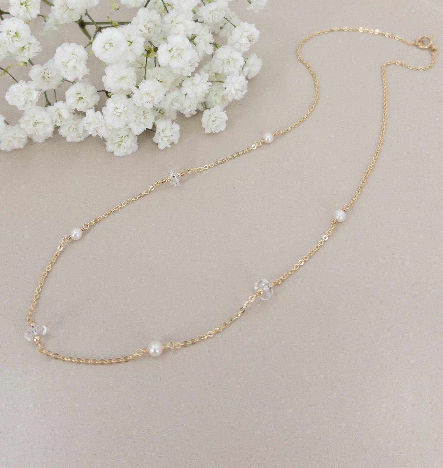 Herkimer Diamond and Pearl Station Necklace