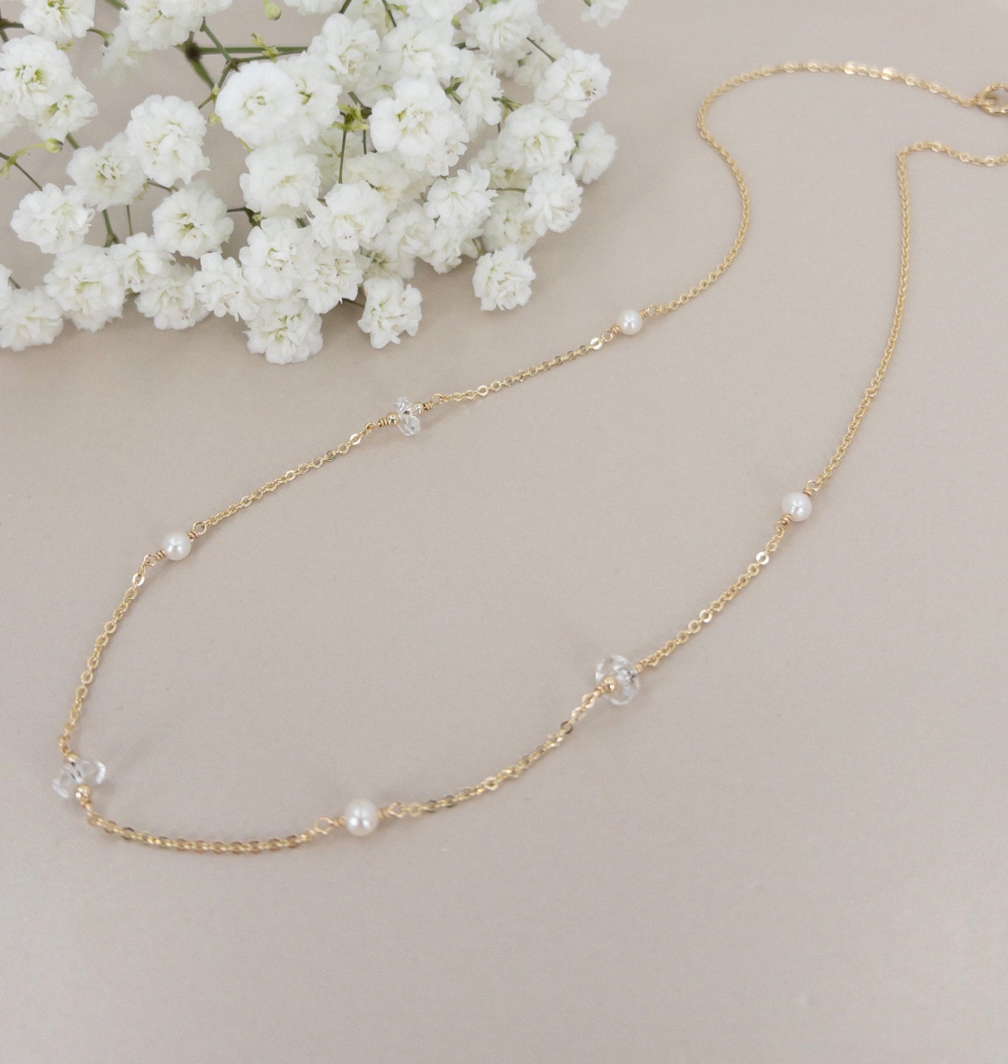 Herkimer Diamond and Pearl Station Necklace