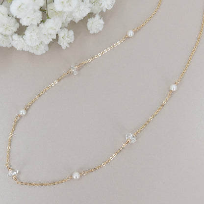 pearl station necklace with herkimer diamond crystals