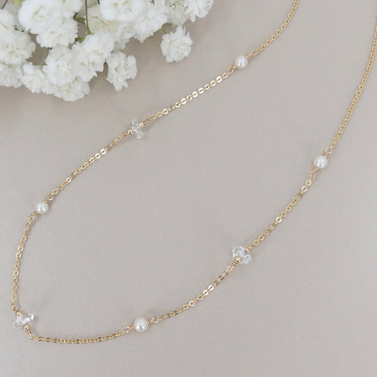 pearl station necklace with herkimer diamond crystals