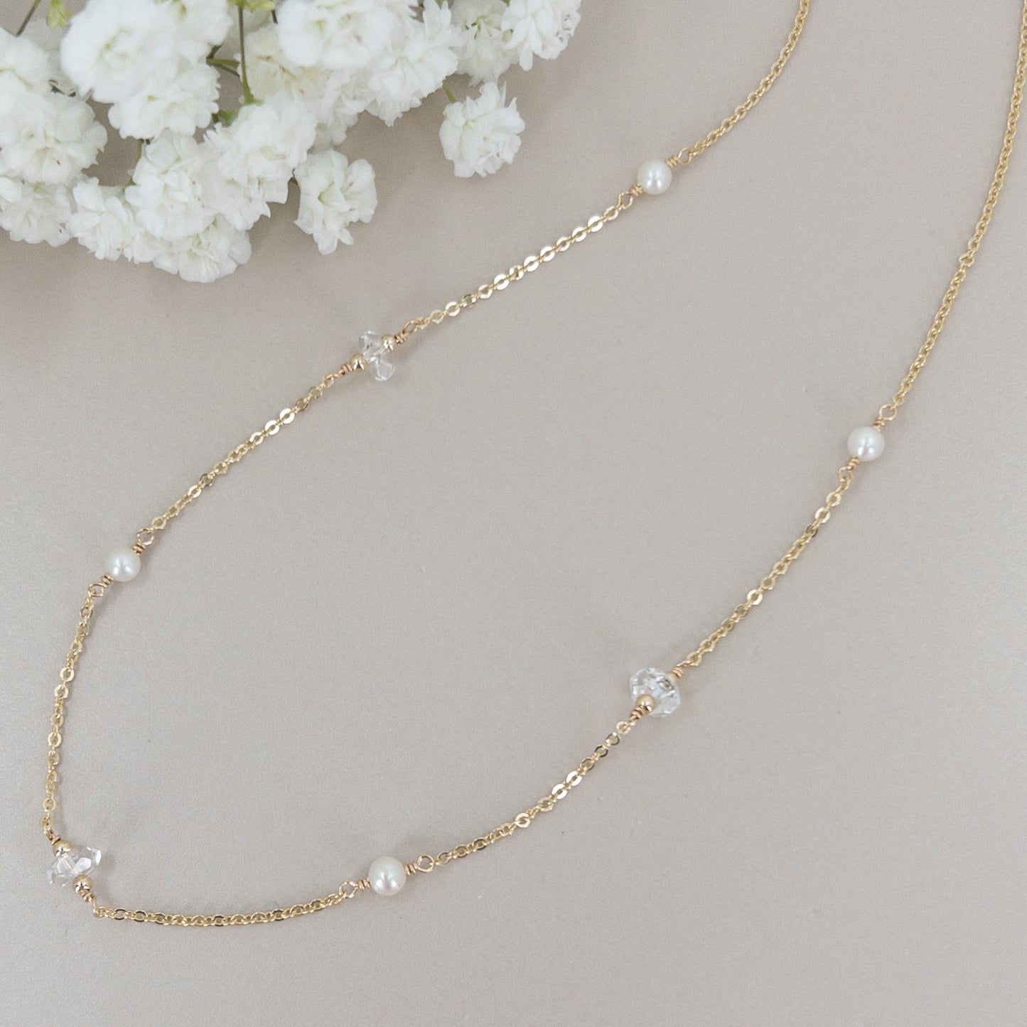 Herkimer Diamond and Pearl Station Necklace