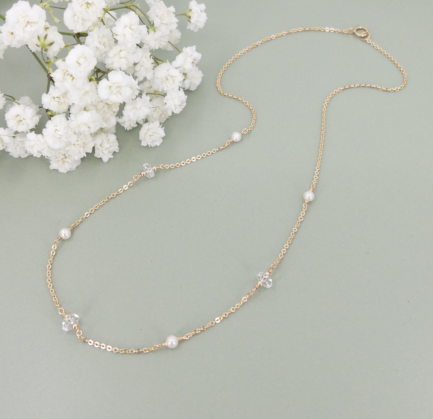 Herkimer Diamond and Pearl Station Necklace