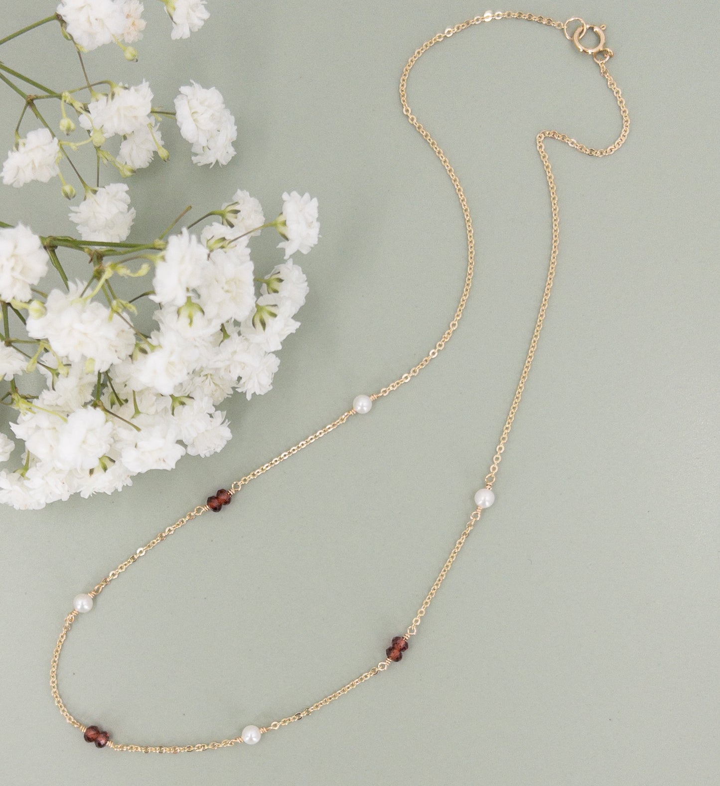 Garnet and Pearl Station Necklace