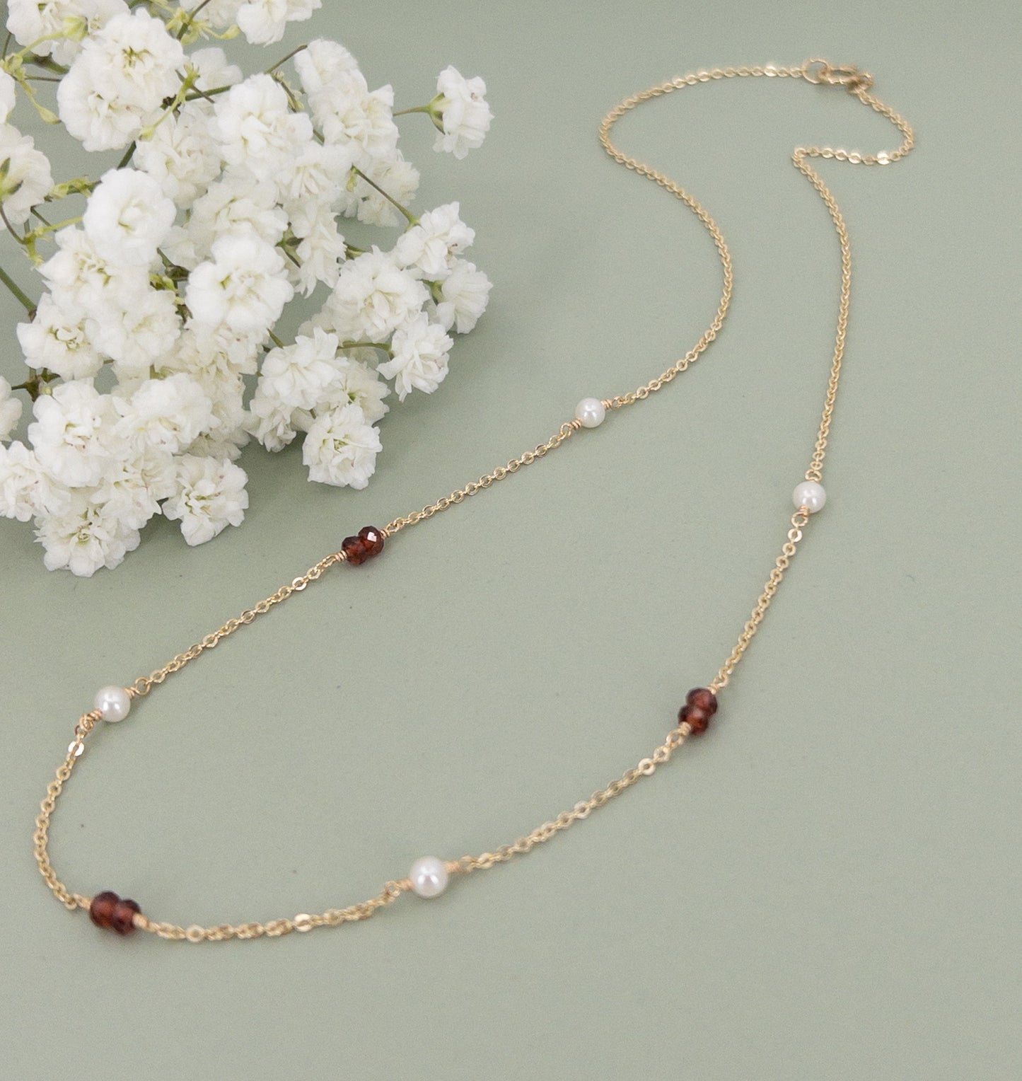 Garnet and Pearl Station Necklace