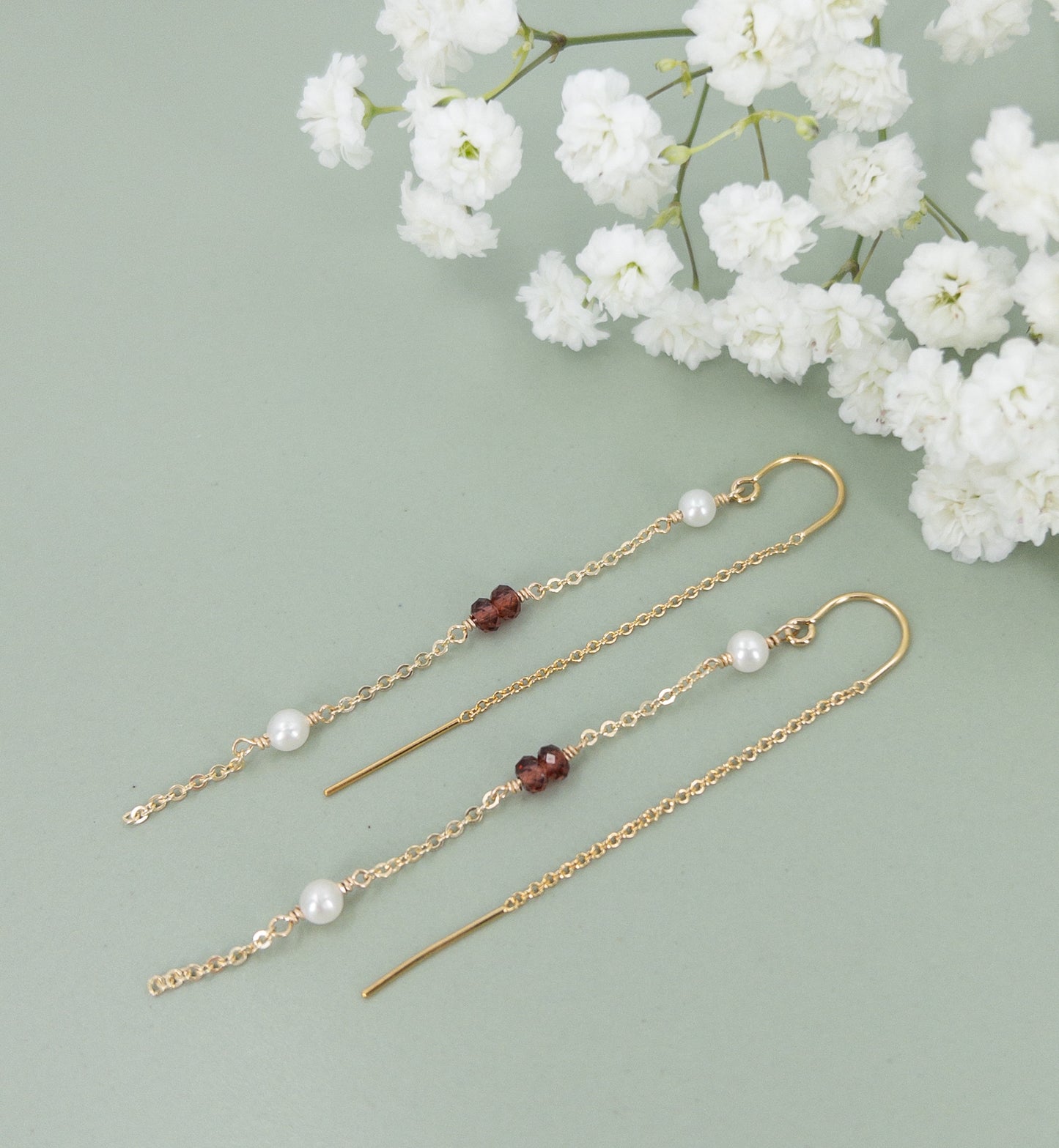 Garnet and Pearl Threader Earrings