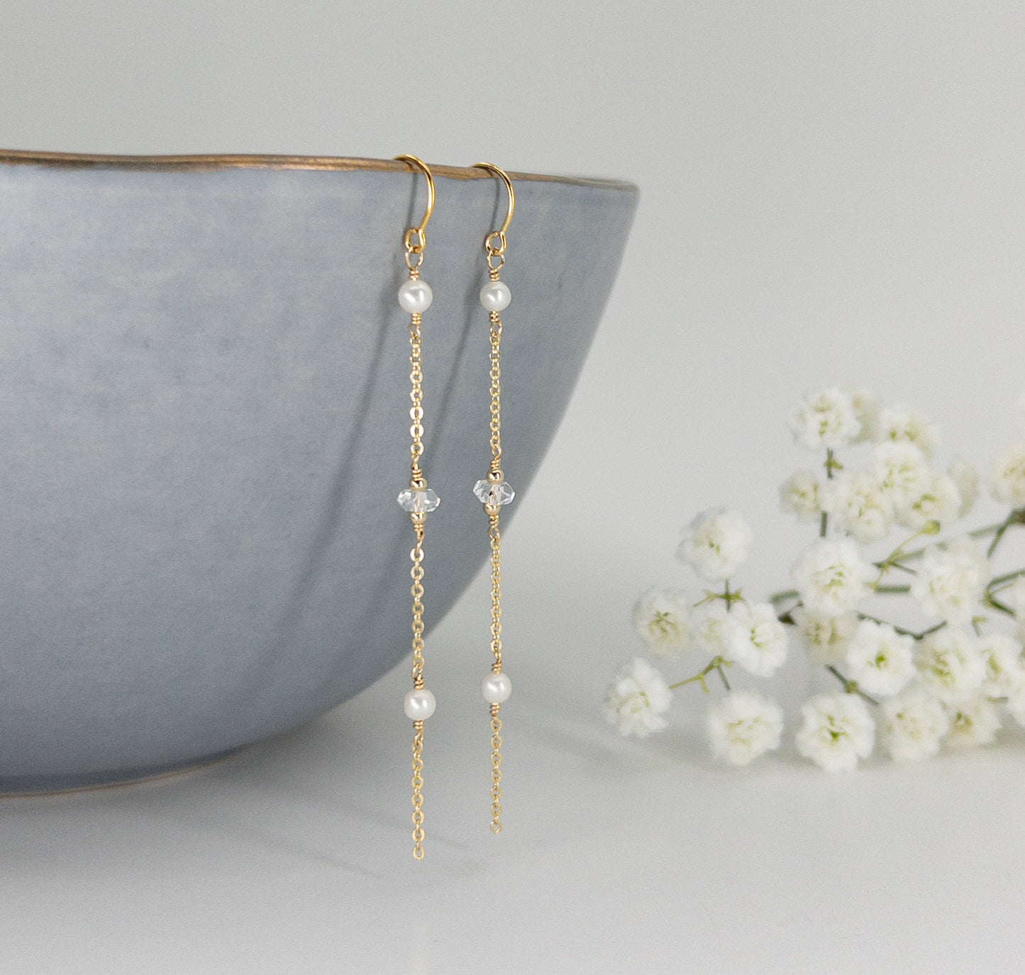 Herkimer Diamond and Pearl Threader Earrings