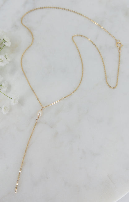 full photo of  pearl Y necklace form Rosa collection in 14k gold filled