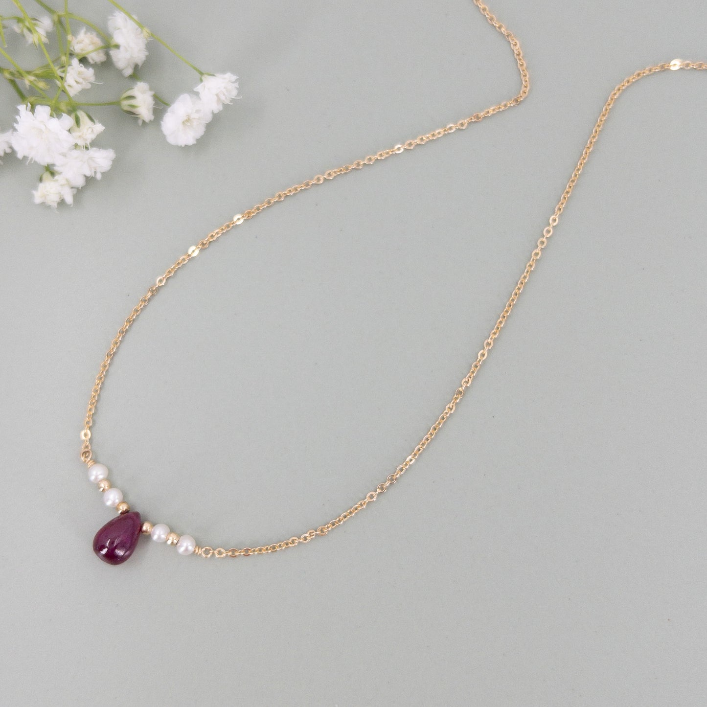 Ruby and Pearl Bar Necklace