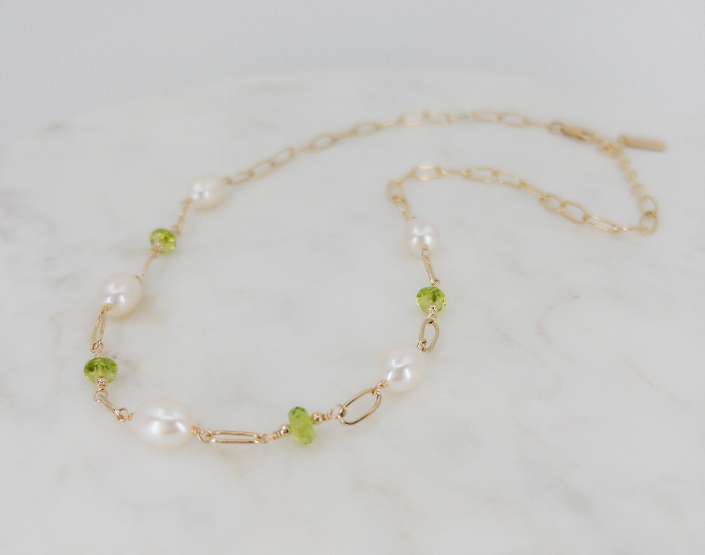 Peridot and Pearl Paper Clip Chain Necklace