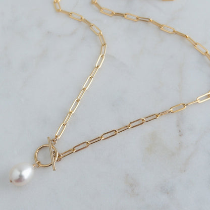 14k Gold Filled paperclip Chain with Toggle Clasp and Dangling Pearl