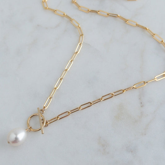 14k Gold Filled paperclip Chain with Toggle Clasp and Dangling Pearl