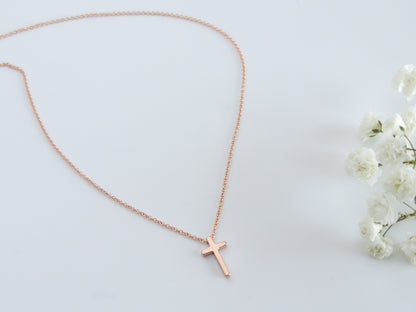 Rose Gold Tiny Cross Necklace for Women