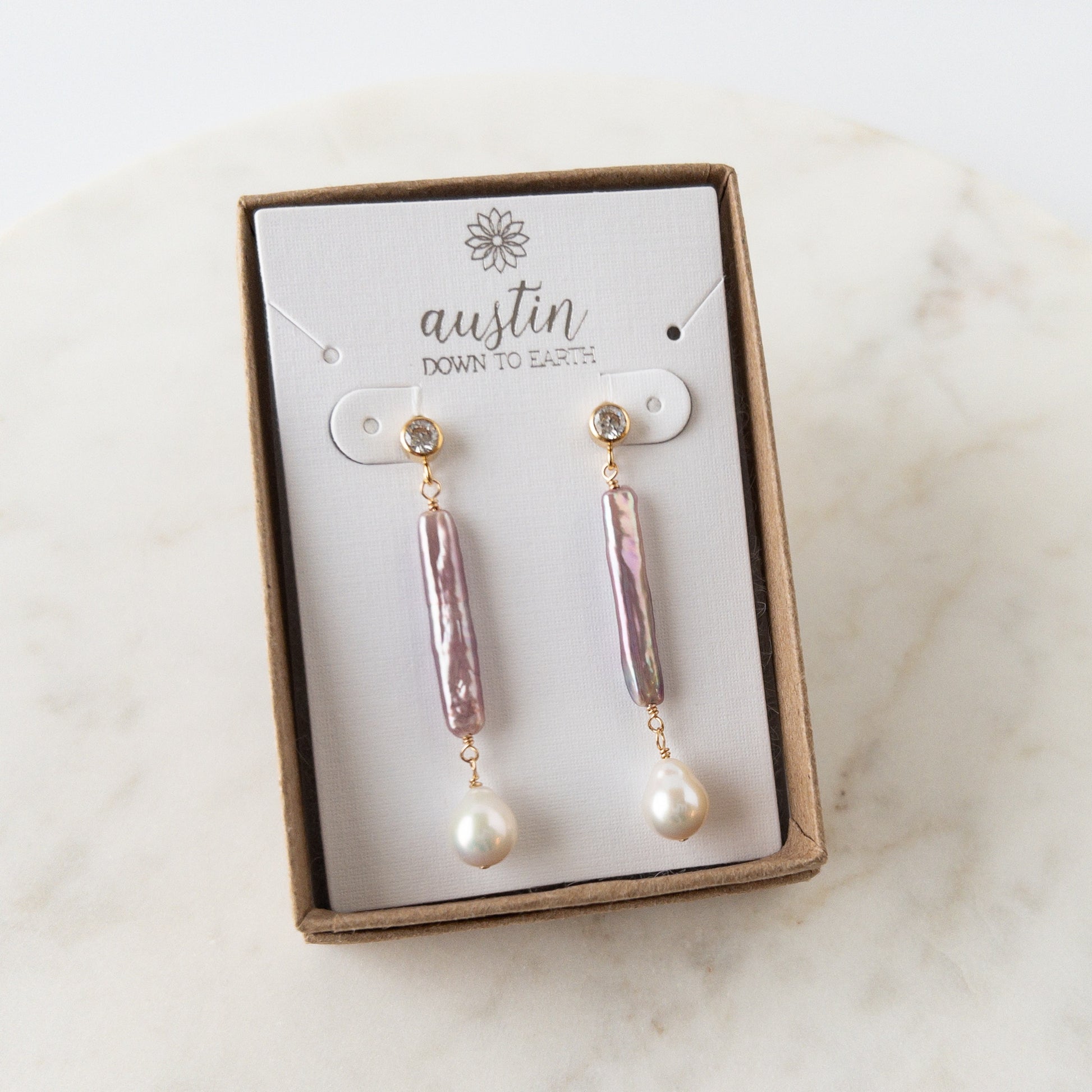 Stud pearl earrings from the Vivara Collection with CZ post earring with dangling lavender stick pearl and baroque pearl