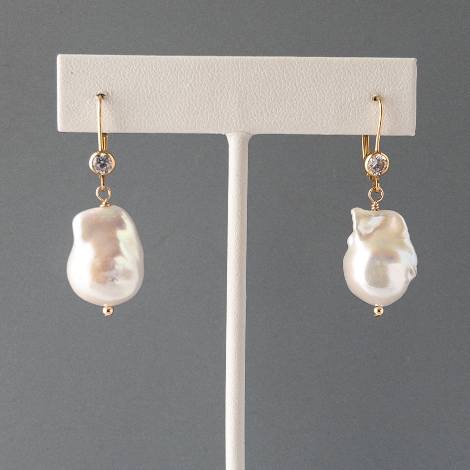 Leverback Large baroque pearl earrings  with cubic zirconia accents