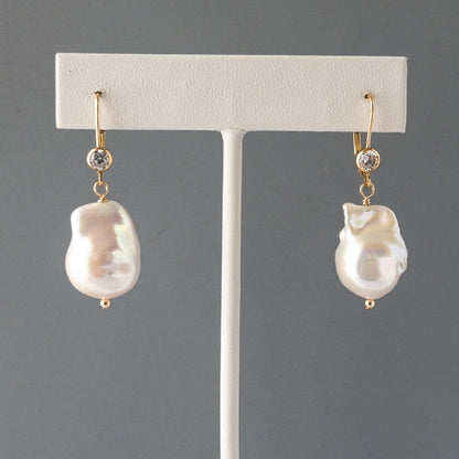 Leverback Large baroque pearl earrings  with cubic zirconia accents