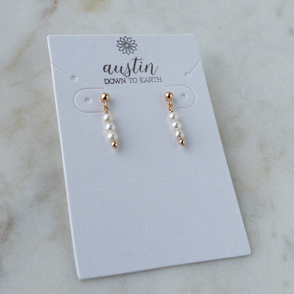 wedding pearl earrings for women shown on Austin Down to Earth earring card