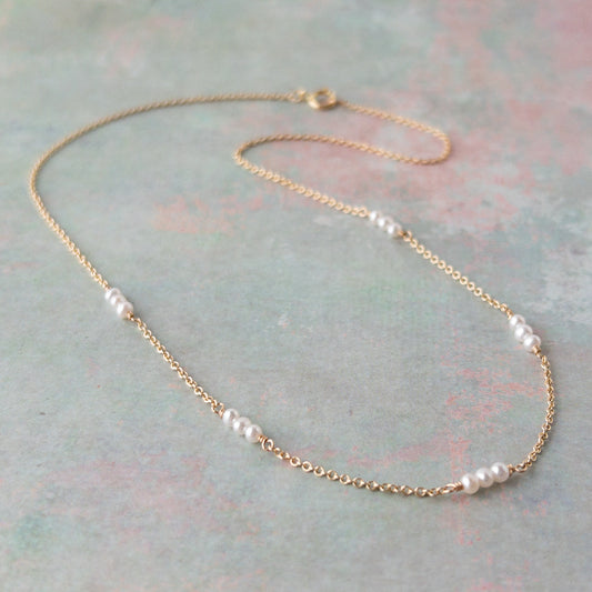 Pearl Station Necklace with tiny freshwater pearls on 14k gold filled chain
