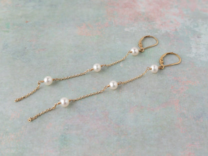 14k gold filled leverback long pearl earrings from the Lucia Collection