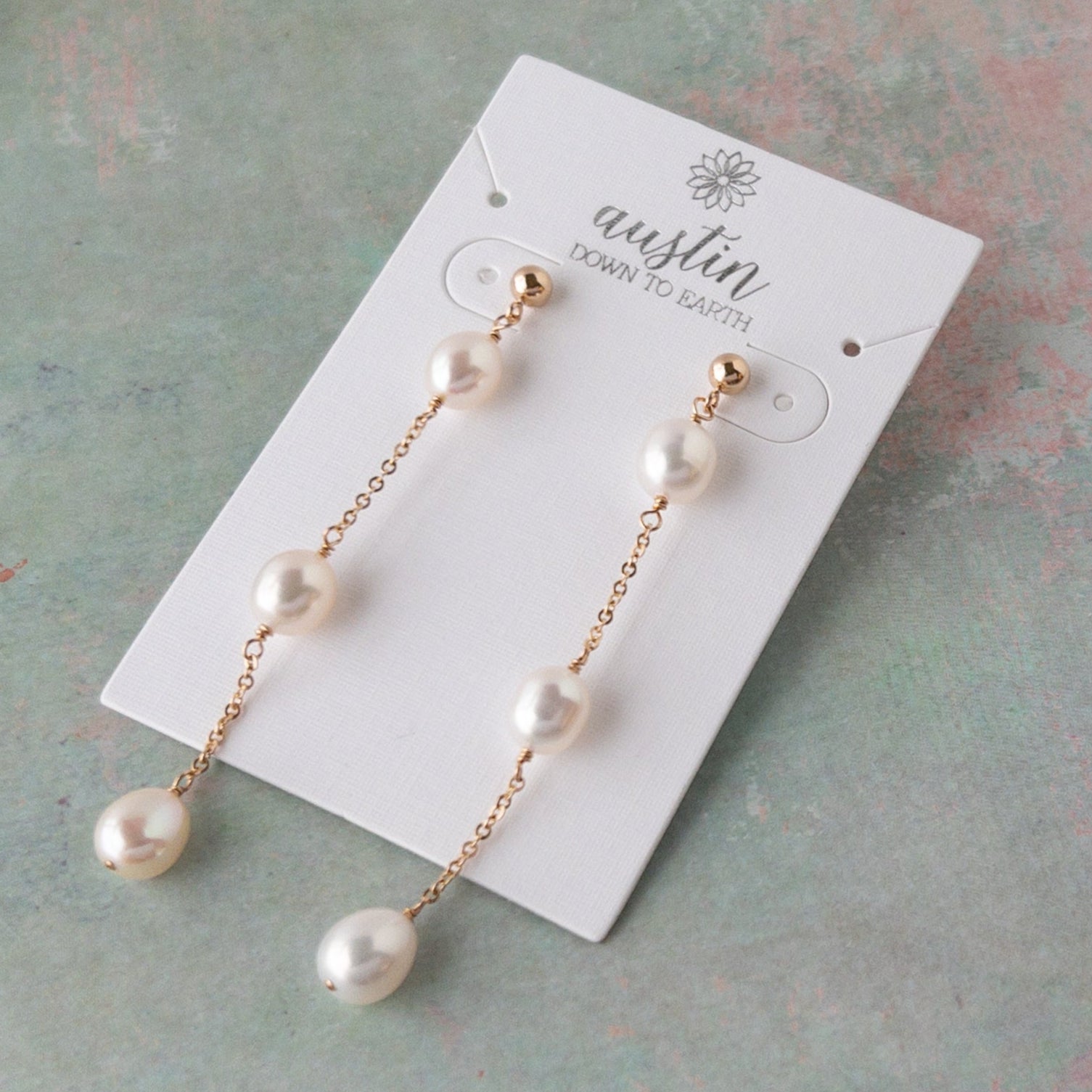 Long Pearl Stud Earrings on Earring Card