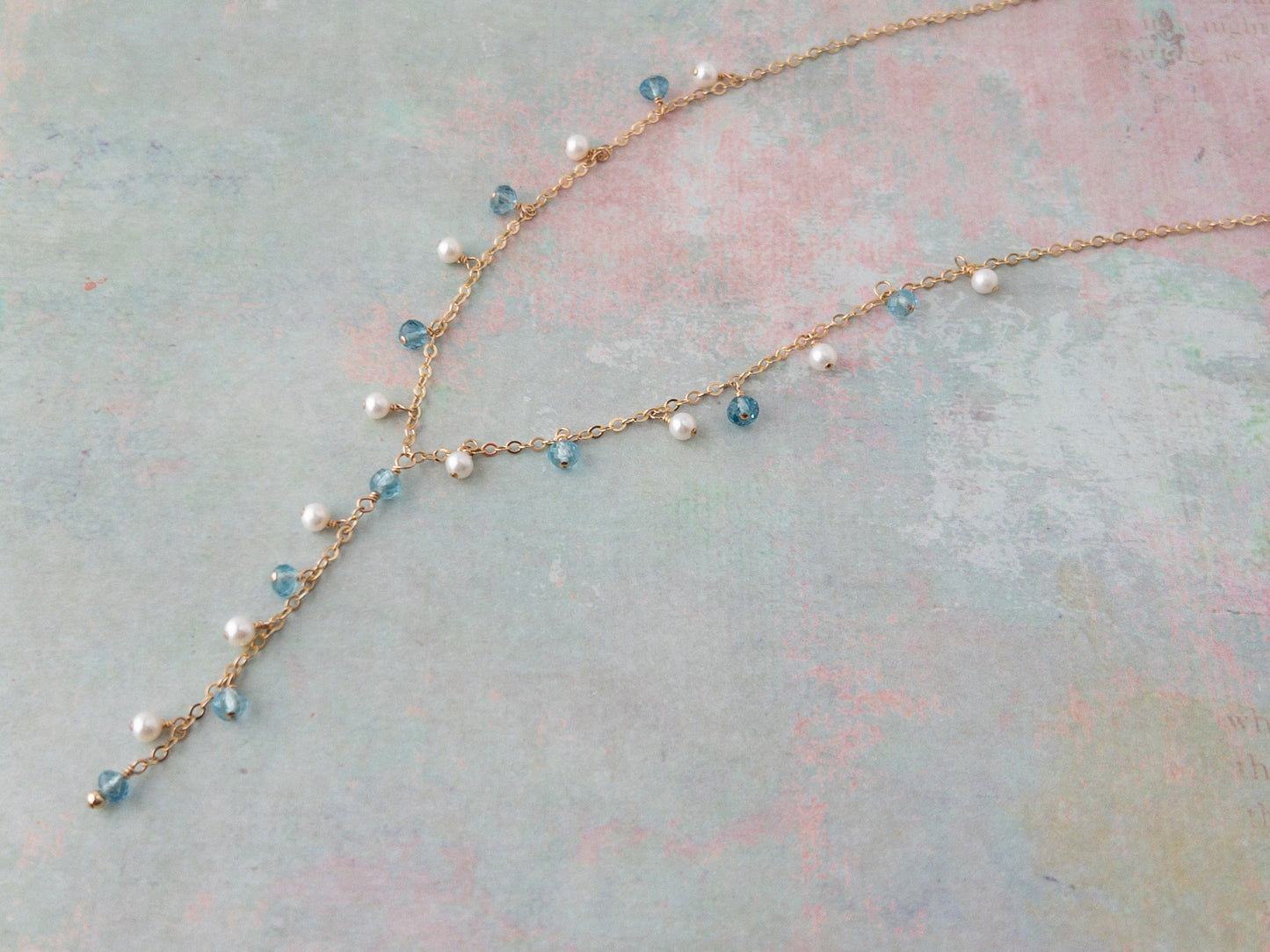 Enchantment Lariat Necklace | Blue Topaz & Pearl Bridal Statement Necklace