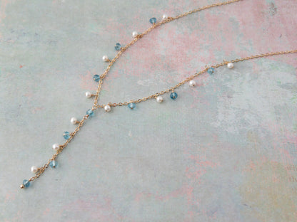 Enchantment Lariat Necklace | Blue Topaz & Pearl Bridal Statement Necklace