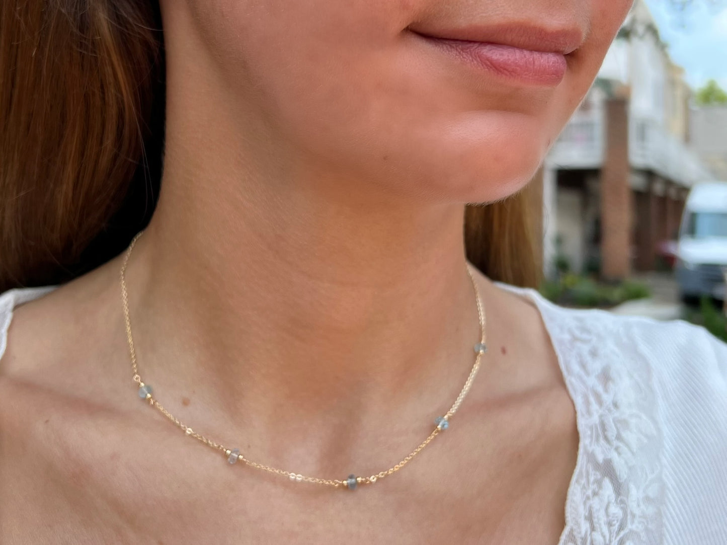 Aquamarine Station Necklace | March Birthstone