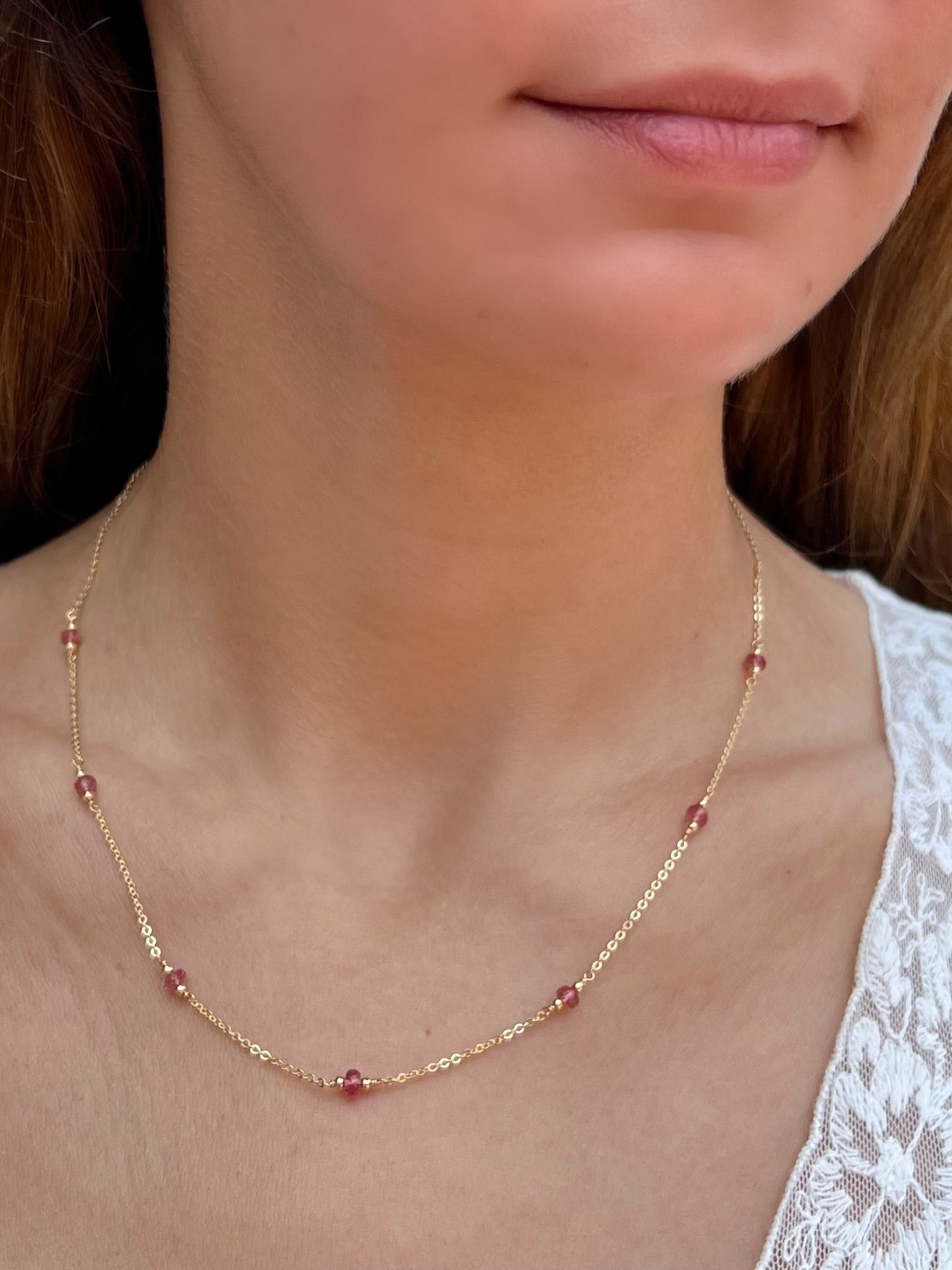 Pink Tourmaline Station Necklace | October Birthstone
