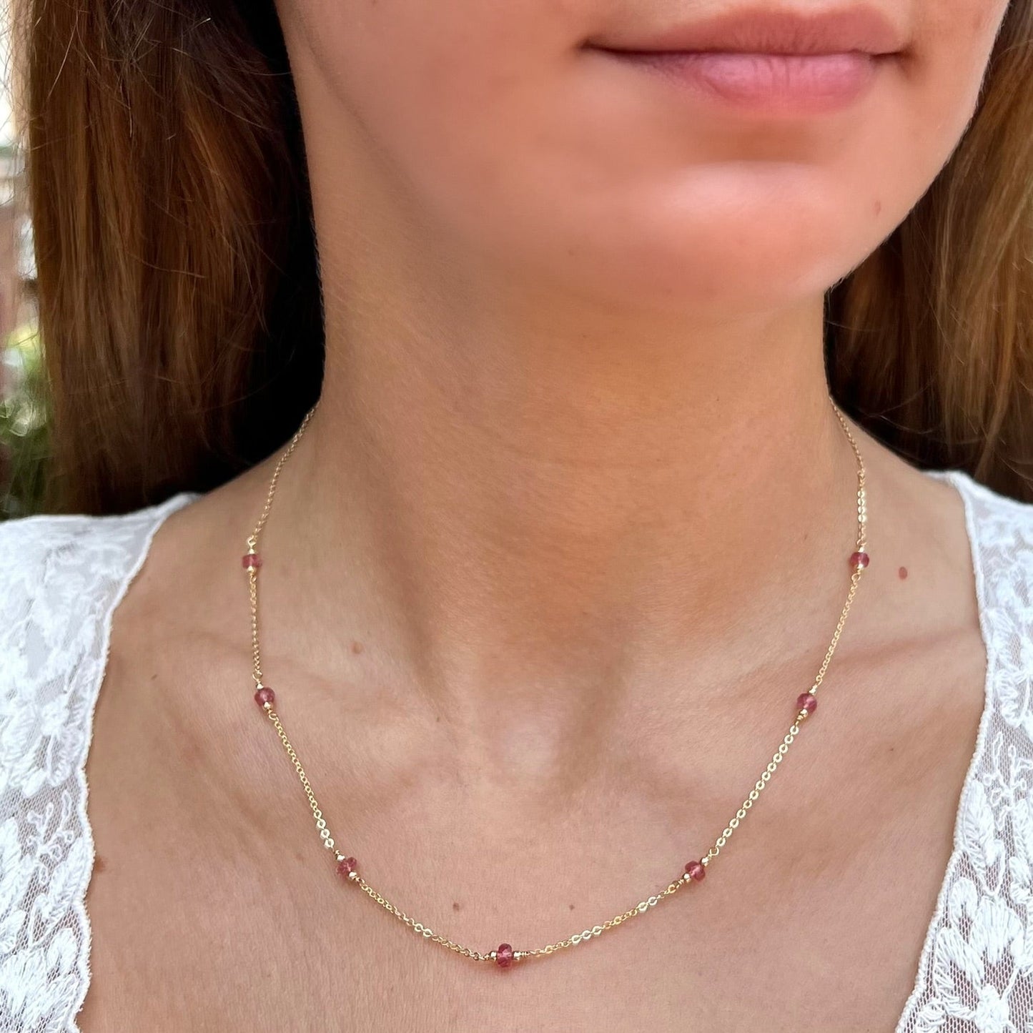 Pink Tourmaline Station Necklace | October Birthstone