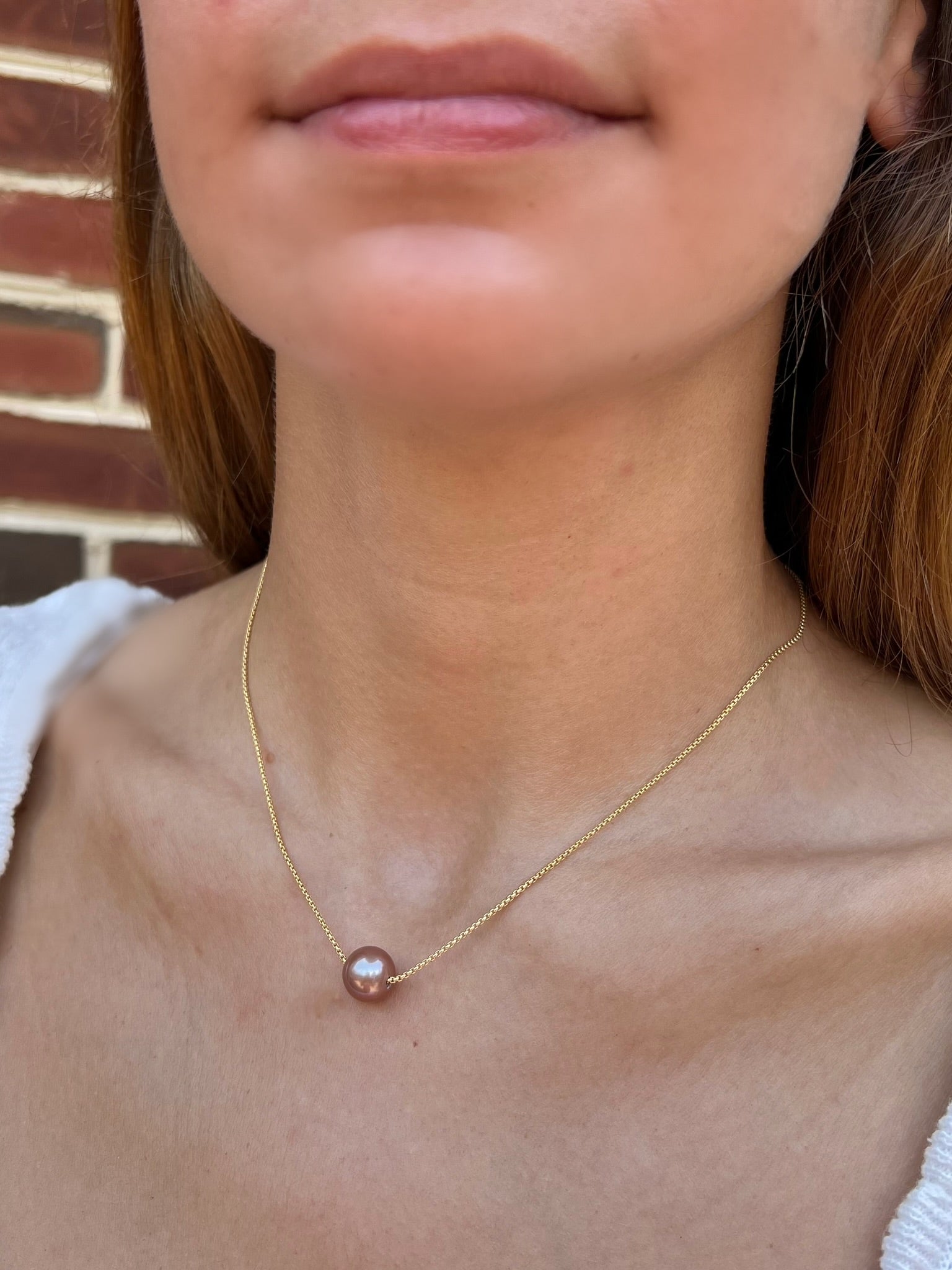 Mauve Pink Large Pearl Necklace on model