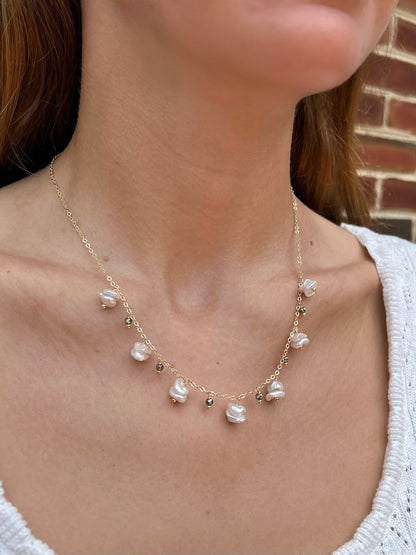 close up of model with keshi pearl necklace 18 inch length