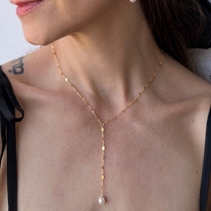 Isabella collection lace chain lariat necklace with pearl in 14k gold filled