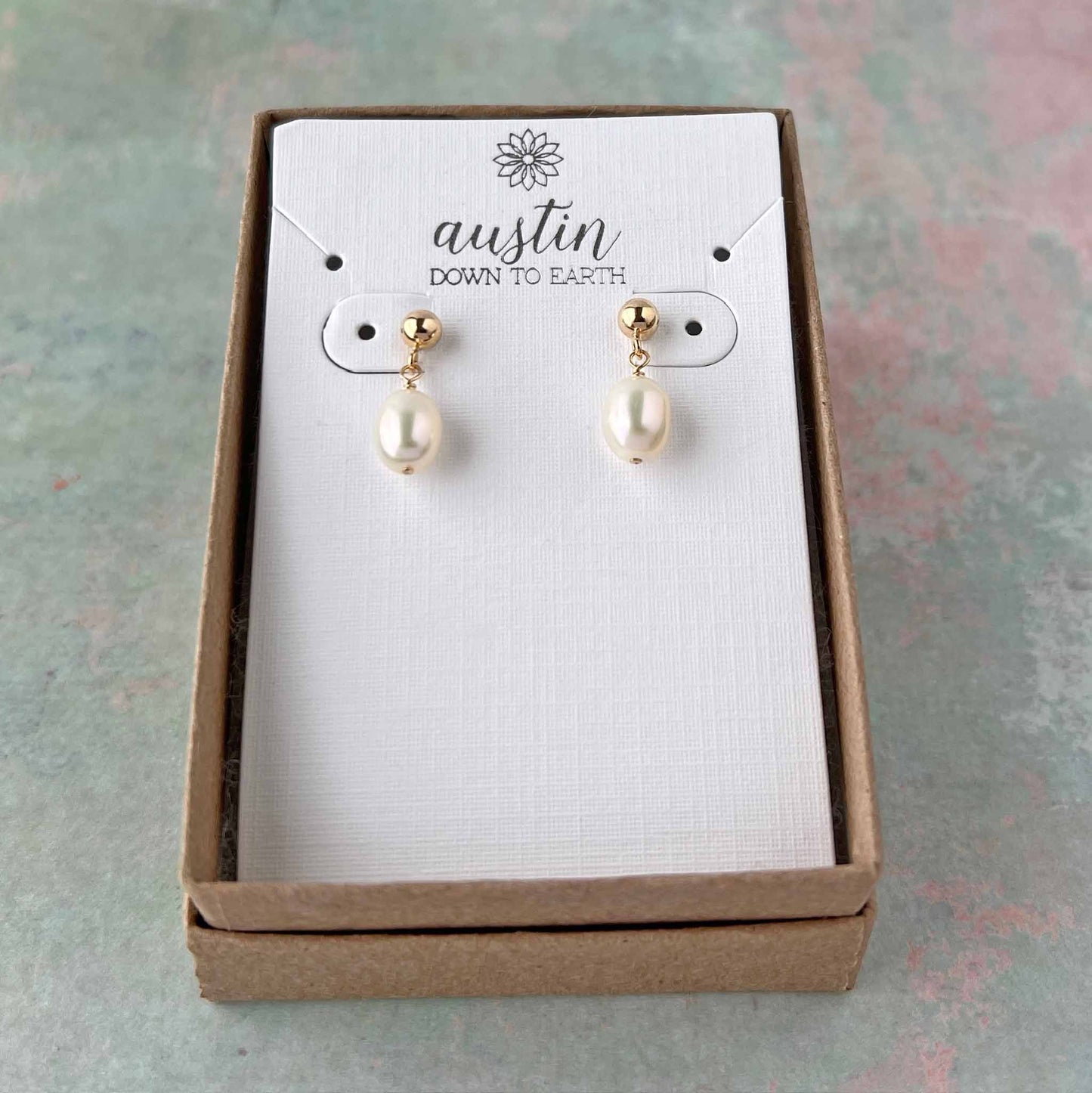 Nicola Stud Pearl Earrings shown in gift box