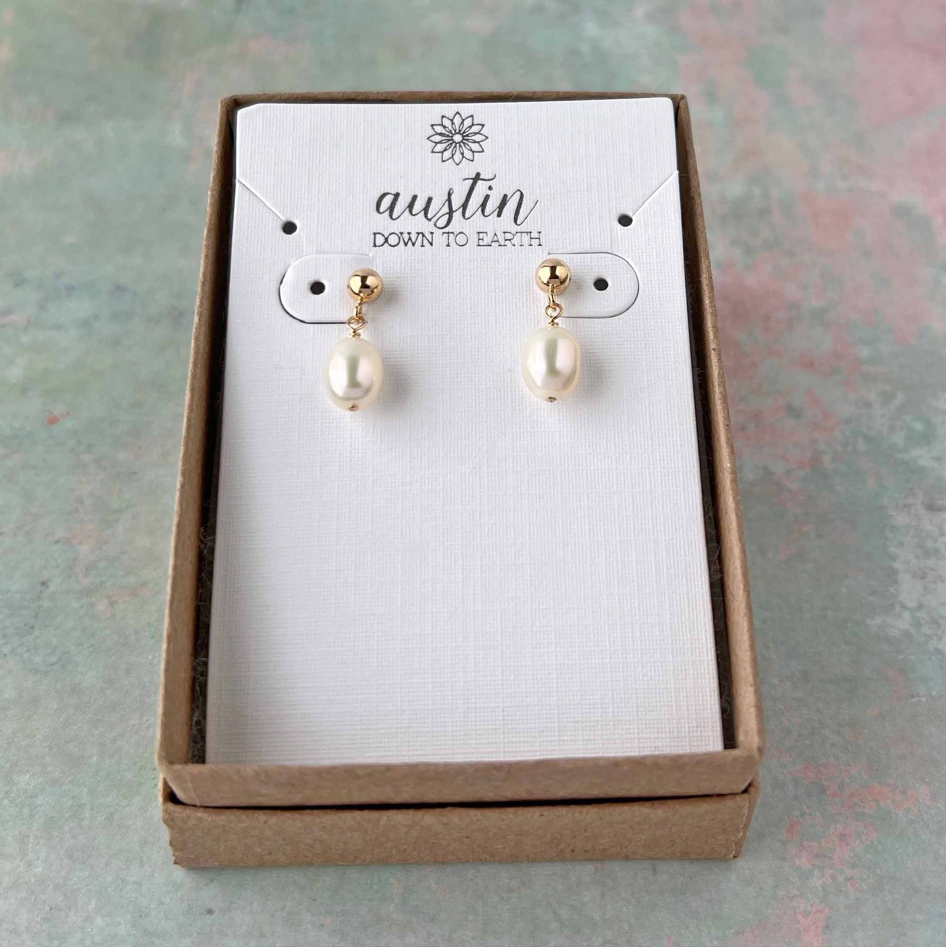 Nicola Stud Pearl Earrings shown in gift box