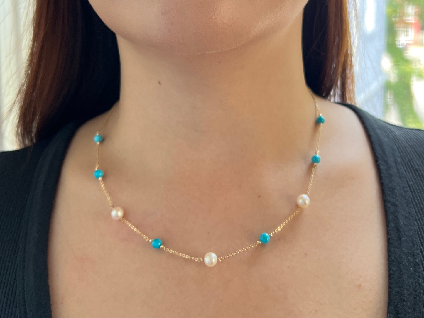 Celeste Turquoise Pearl Station Necklace