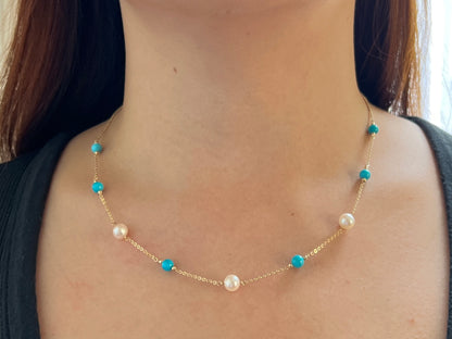 Celeste Turquoise Pearl Station Necklace