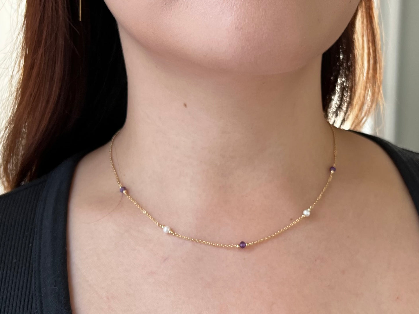 Amethyst and Pearl Station Necklace