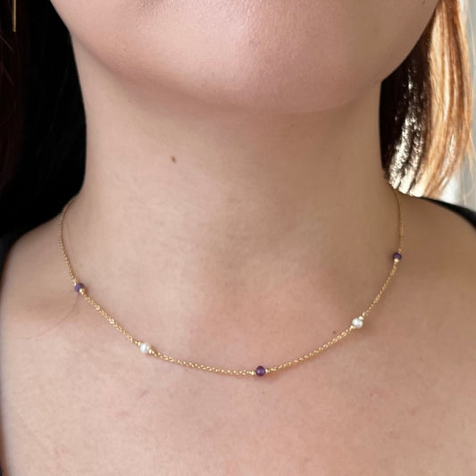 Amethyst and Pearl Station Necklace