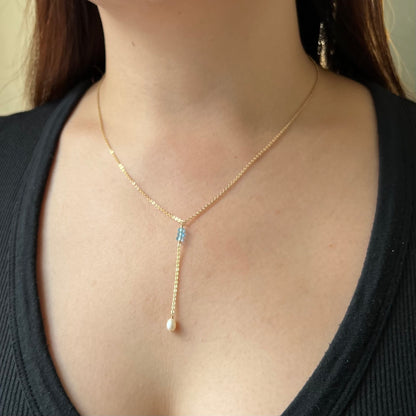Serenity Lariat Necklace | Blue Topaz & Pearl Bridal Necklace