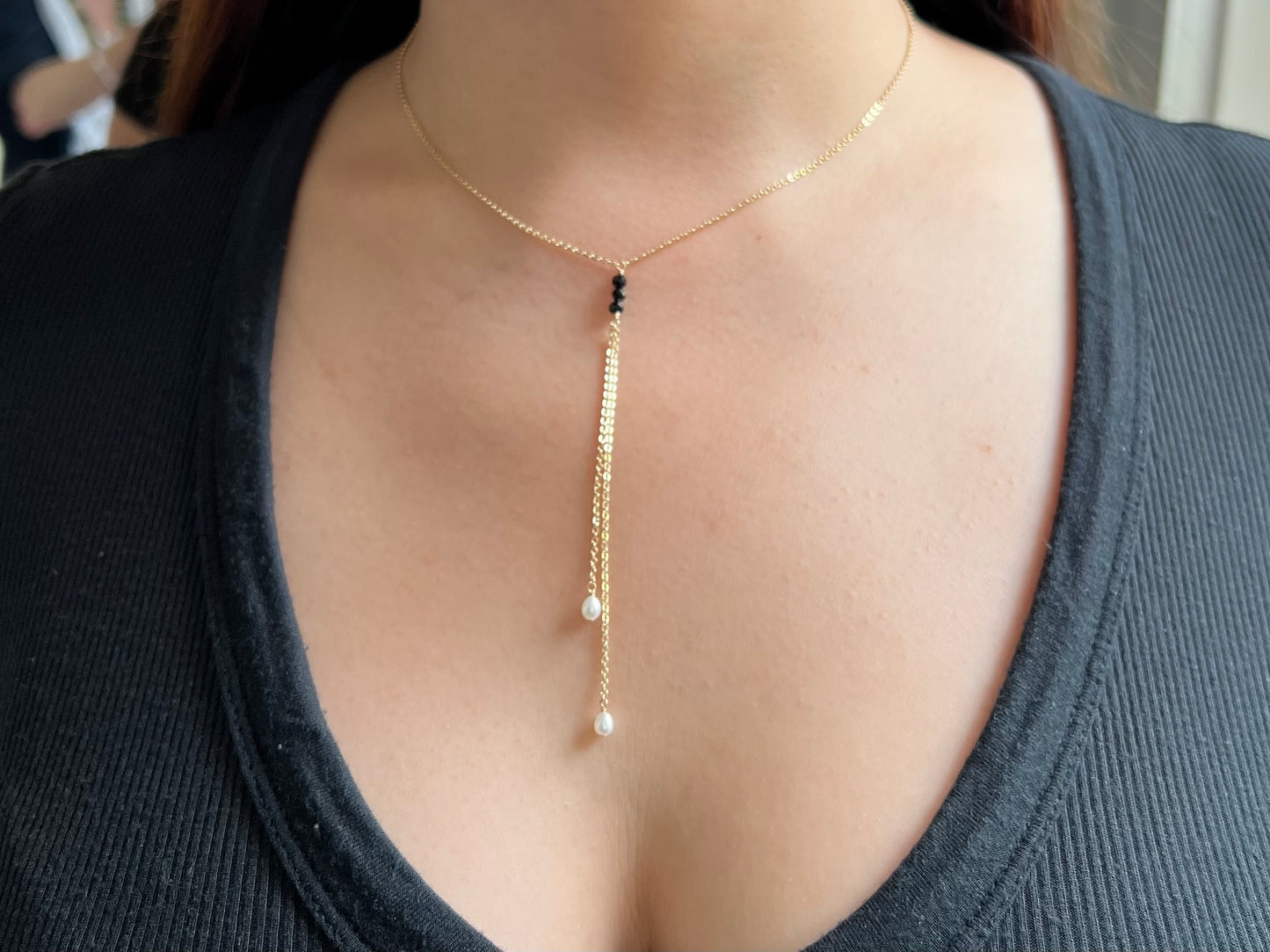 Black Spinel and Pearl Lariat Necklace