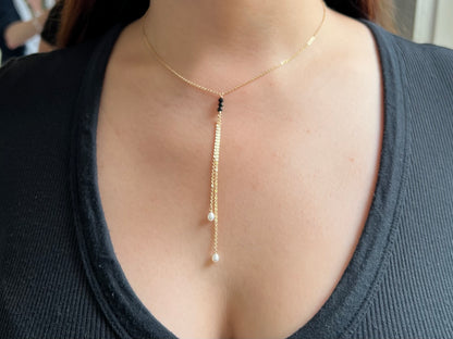 Black Spinel and Pearl Lariat Necklace