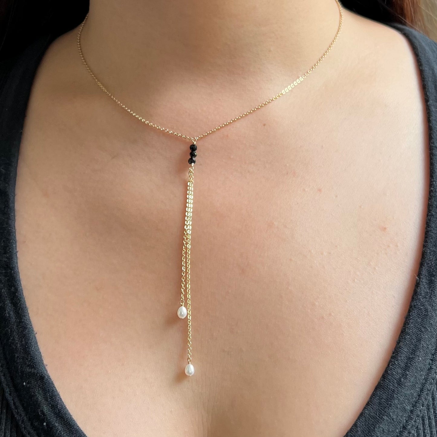 Black Spinel and Pearl Lariat Necklace