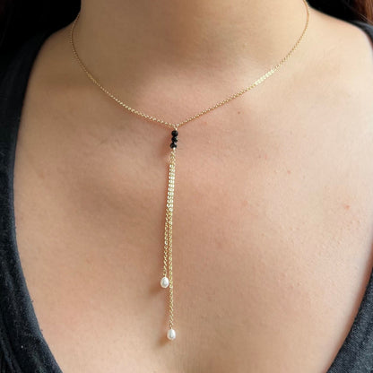 Black Spinel and Pearl Lariat Necklace