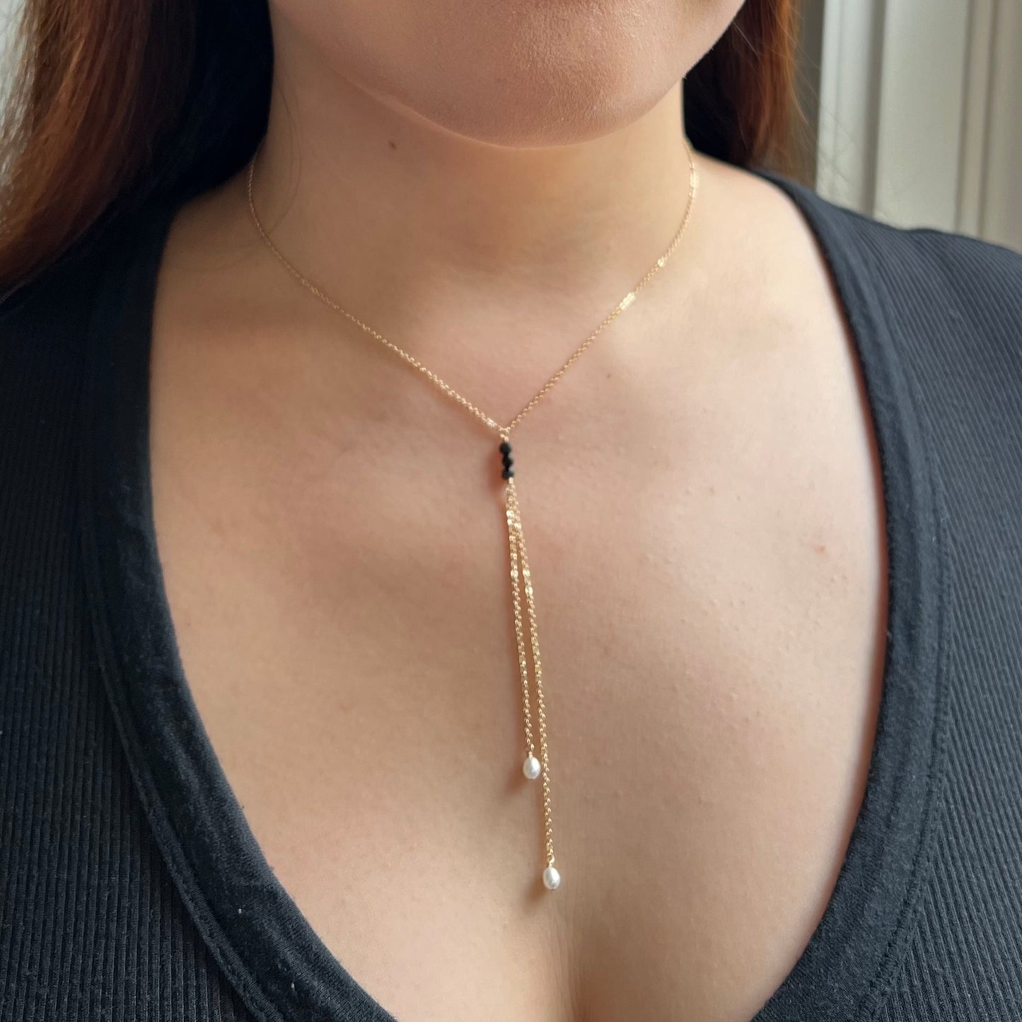 Black Spinel and Pearl Lariat Necklace