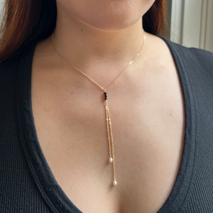 Black Spinel and Pearl Lariat Necklace