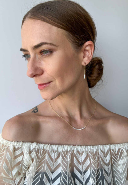 model wearing a necklace and earring set from the Gigi Tiny Pearl Collection