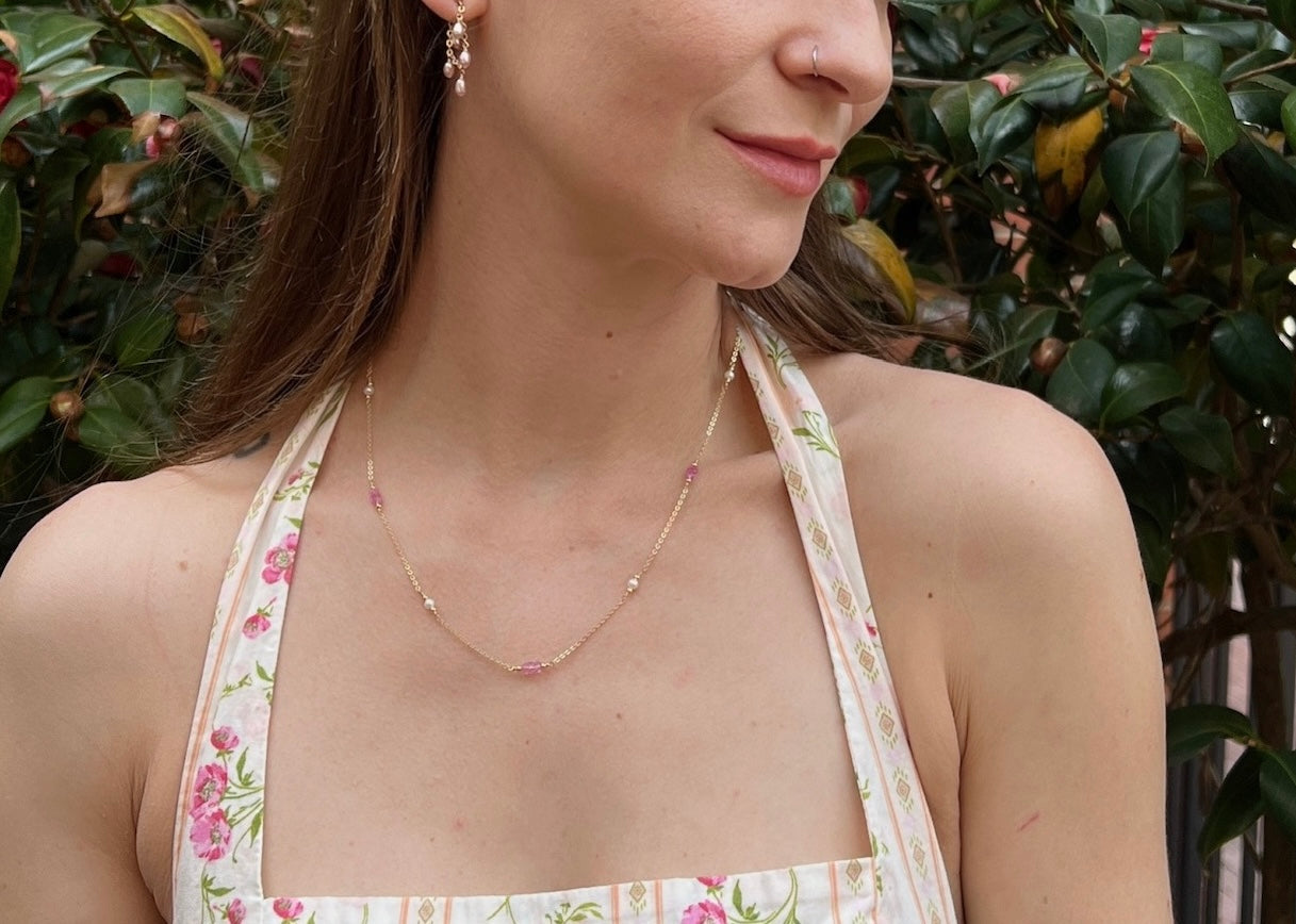 Pink Topaz and Pearl Station Necklace