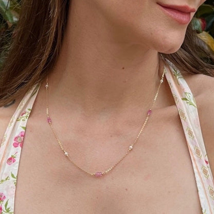 Pink Topaz and Pearl Station Necklace