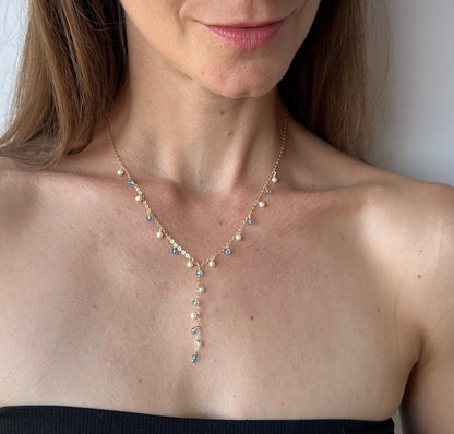 Enchantment Lariat Necklace | Blue Topaz & Pearl Bridal Statement Necklace